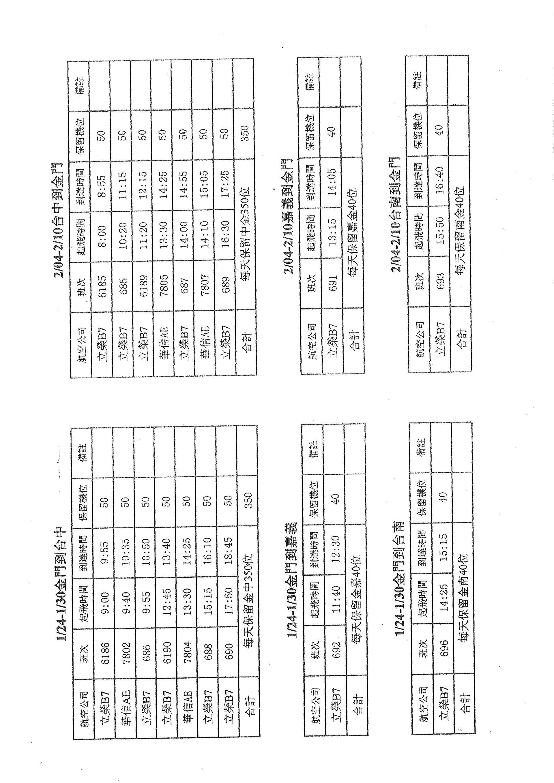 小三通航班時程表二