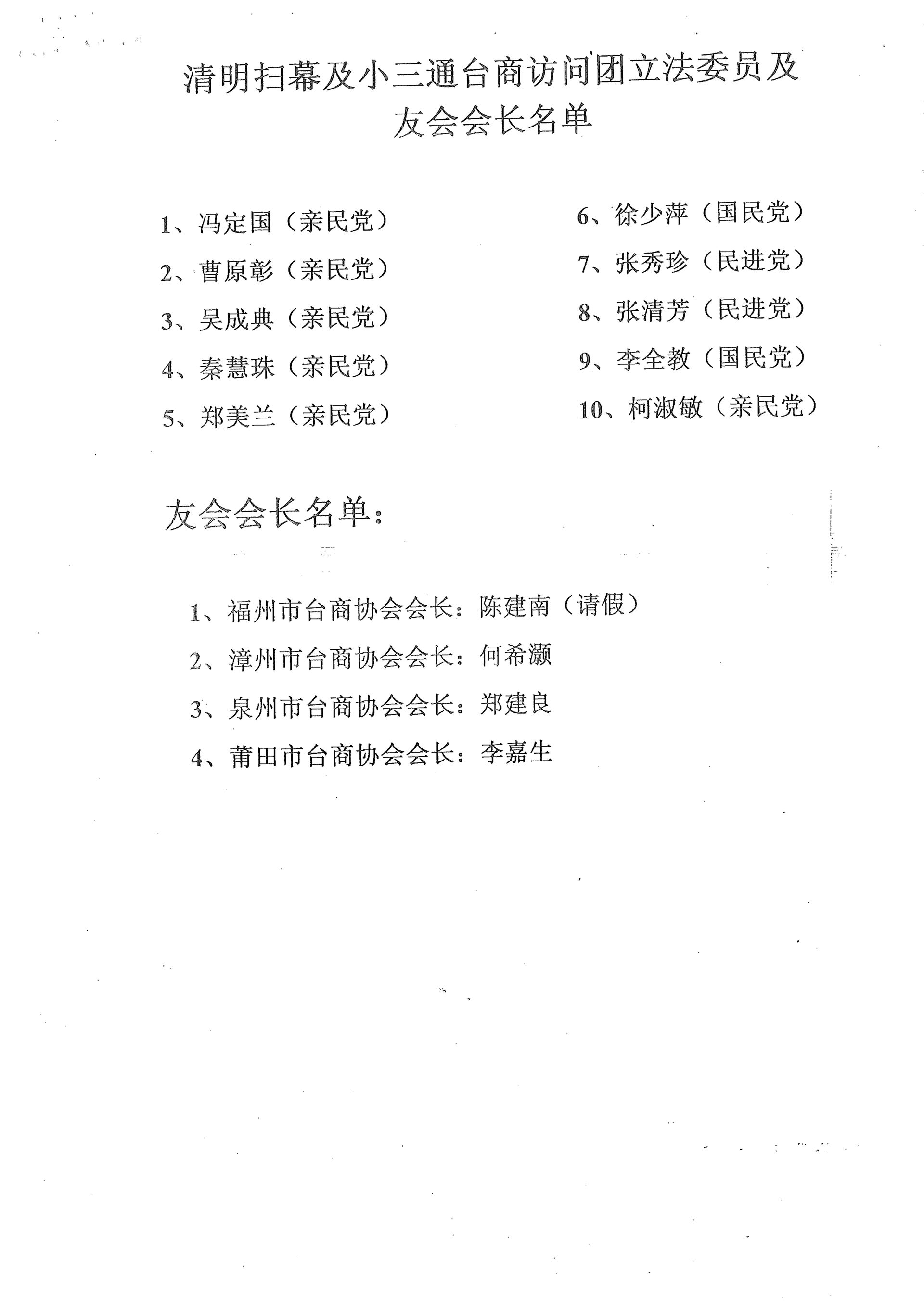 小三通考察團立委及友會會長名單